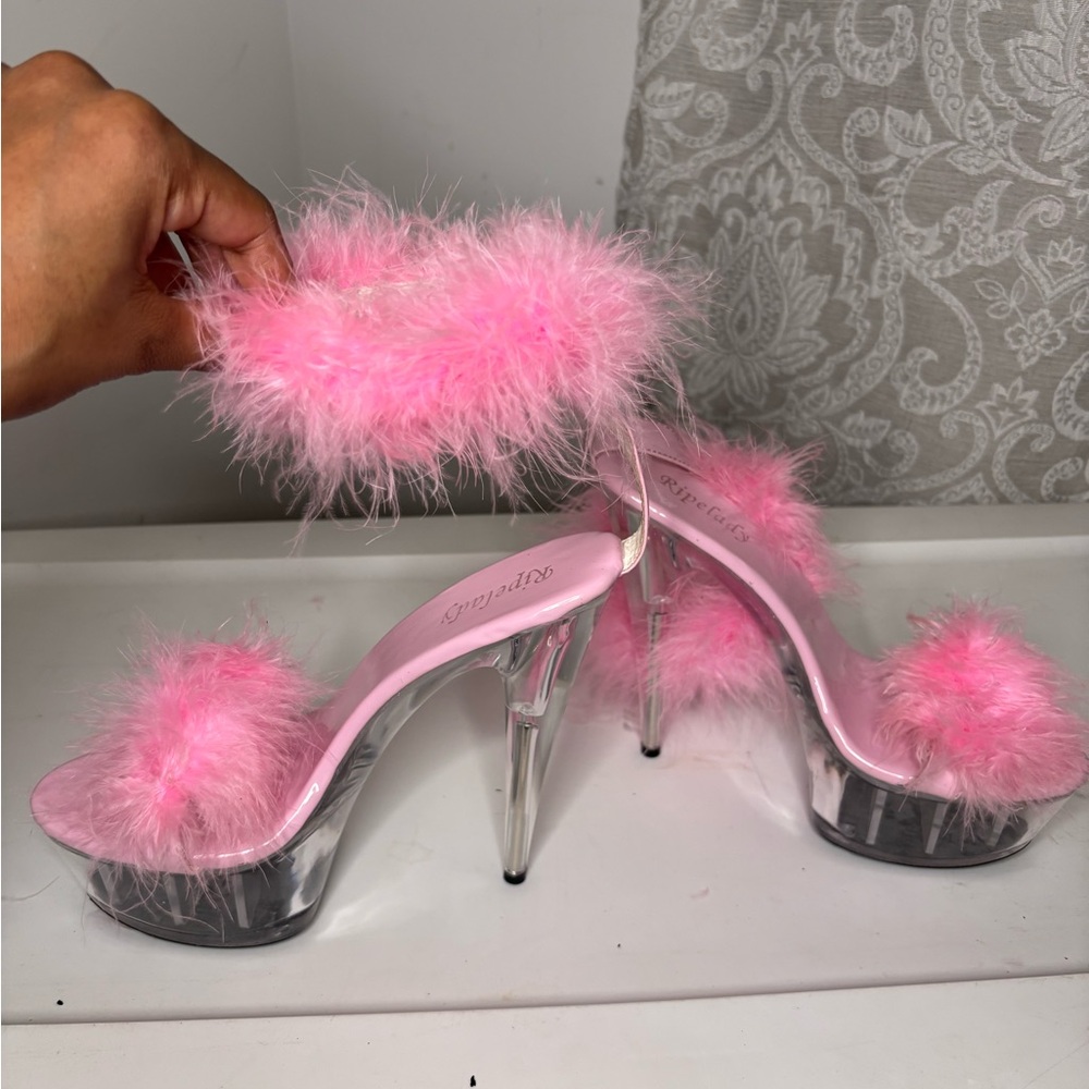 Pleaser Pink Fluffy Heels with Clear Platform